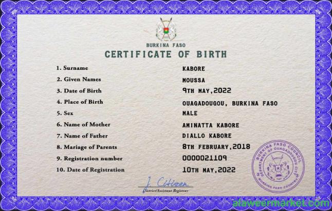 Burkina Faso vital record birth certificate PSD template